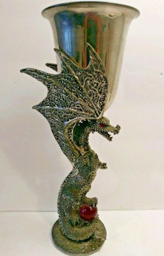 Fellowship Foundry Pewter Tall Dragon Wings Red Orb Goblet Chalice Htf