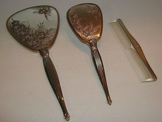 Vintage Silver & Brass Vanity Set Beveled Glass Hand Mirror,  Brush & Comb