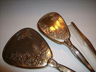Vintage Silver & Brass Vanity Set Beveled Glass Hand Mirror,  Brush & Comb 2