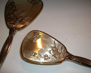 Vintage Silver & Brass Vanity Set Beveled Glass Hand Mirror,  Brush & Comb 4