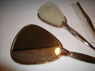 Vintage Silver & Brass Vanity Set Beveled Glass Hand Mirror,  Brush & Comb 8