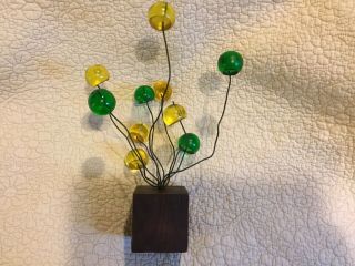 Vintage Lucite Acrylic Resin Atomic Wire Sculpture Mcm Yellow Green Wood Block.