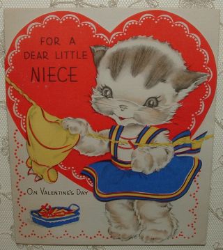 2 Images - Dressed Girl Cat Hangs Wash - 1947 Vintage Rust Craft Valentine Card