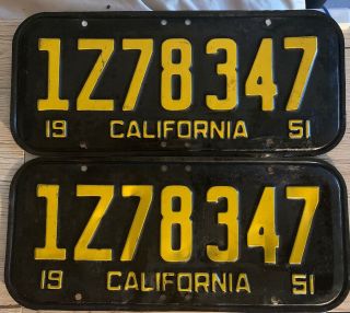 1951 - California CAR license Plate pair,  All Untouched 1Z78347 2