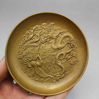 3 " Chinese Old Antique Brass Handcarved Dragon Phoenix Saucer Plate