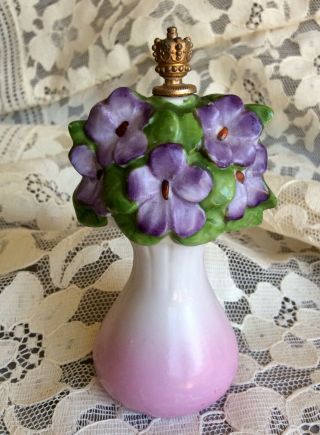 Antique German Porcelain Crown Top Perfume Bottle Rare Purple Violets Pink Vase