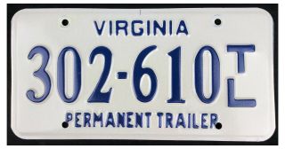 Virginia About 2013 Permanent Trailer License Plate 302 - 610 T/l