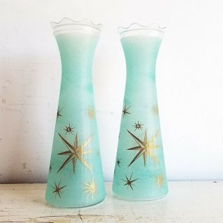 2 Vtg Bartlett - Collins Sugar Frosted Glass Vase 9 " Blue W Gold Atomic Star Pair