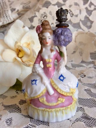 Antique German Porcelain Crown Top Perfume Bottle Tiny Lady In Pink Purple Posy
