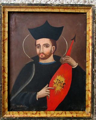 Antique Mexican Religious Tin Retablo San Ignacio Loyola; Framed,  Signed Ventura