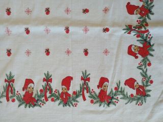 Vintage Christmas Linen Tablecloth Elf Elves Pixies Mcm Retro