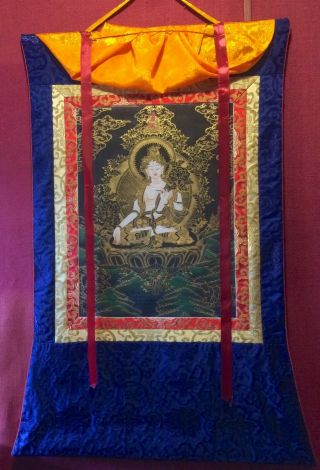 Sublime Golden Tibetan White Tara Thangka Painting W/ Gold Leaf 146225
