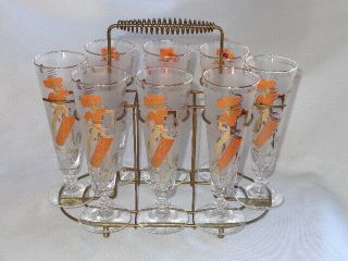Mid Century Modern Libbey Glass Cocktail Pilsner Set In Caddy Carribean Cruise