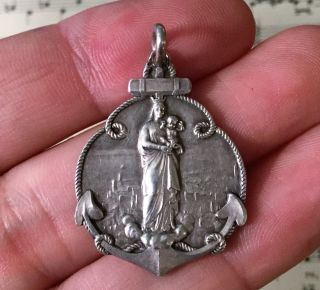 Rare Large Antique French Sterling Silver Madonna Religious Anchor Medal C1910