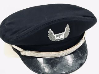 Rare Western Airlines Pilot Hat And Silver Metal Badge.  1970’s