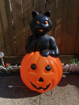 Vtg Blow Mold 34 " Pumpkin Black Cat Lighted Yard Decor Halloween Jack O’lantern