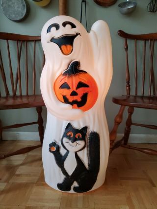 Vintage Halloween Blow Mold Ghost Cat Pumpkin Light Up Usa 34 " Plastic