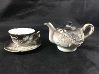 Vintage Black Dragon Mini Tea Pot Tea Cup & Saucer Made In Japan