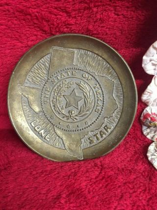 Vintage Solid Brass Lone Star Collector Plate State Of Texas Seal Embossed Rare