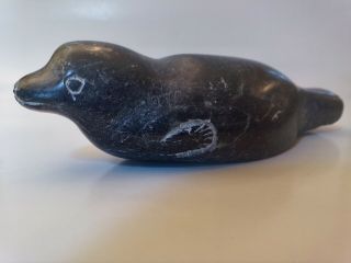 Inuit Eskimo Black Soap Stone Carving Sculpture Of A Seal Signed,  4 " Long