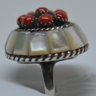 Best Zuni Lee & Mary Weebothee Signd Ring Cluster,  Mosaic Inlay Coral Mop Sz 7