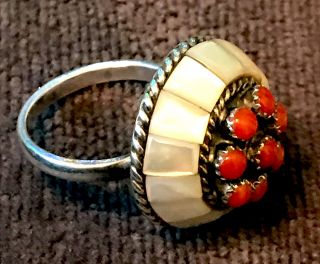 Best Zuni Lee & Mary Weebothee Signd Ring Cluster,  Mosaic Inlay Coral MOP Sz 7 3
