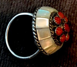 Best Zuni Lee & Mary Weebothee Signd Ring Cluster,  Mosaic Inlay Coral MOP Sz 7 4