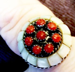 Best Zuni Lee & Mary Weebothee Signd Ring Cluster,  Mosaic Inlay Coral MOP Sz 7 5