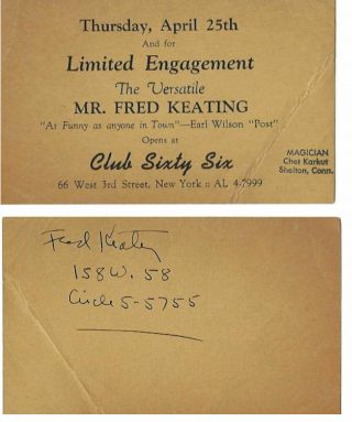 Fred Keating Postcard - Performing At Club Sixty Six In Nyc - V.  Fine - Pp