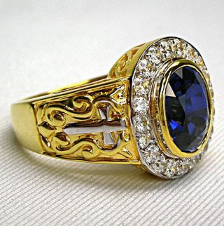 Diamond Sapphire 14k Yellow Gold Sterling Silver Christian Bishop Ring Mens