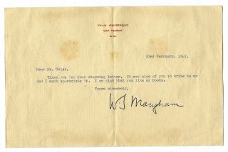 W.  Somerset Maugham (signature/autograph) Signed Letter 1947