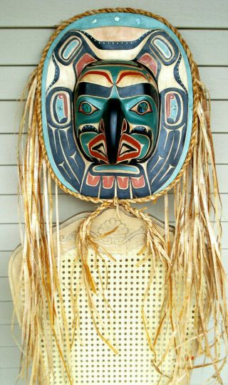 Northwest Coast Native Art Large Teal Thunderbird Moon Mask Sculpture