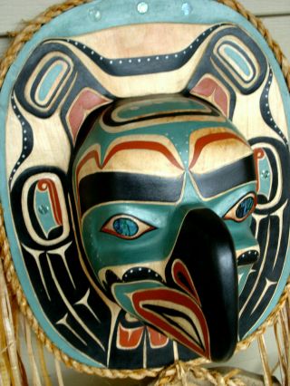 Northwest Coast Native Art Large Teal Thunderbird Moon mask sculpture 2