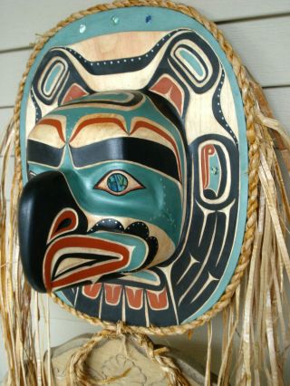 Northwest Coast Native Art Large Teal Thunderbird Moon mask sculpture 3