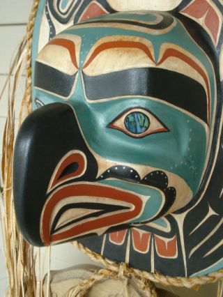 Northwest Coast Native Art Large Teal Thunderbird Moon mask sculpture 6