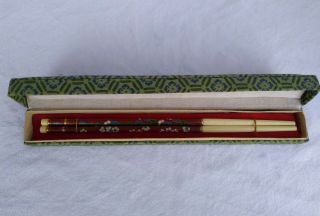 Vintage Set Of Chinese Cloisonné Enamel Gold Chopsticks Flower Inlay Deco Box