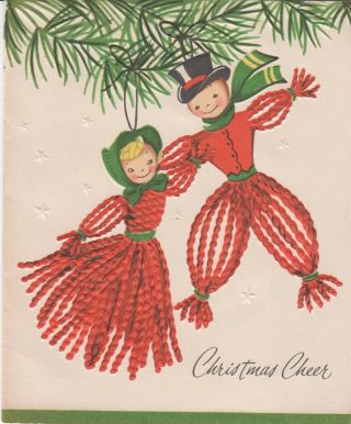 Vintage Yarn Christmas Couple On Tree Rare Htf Card