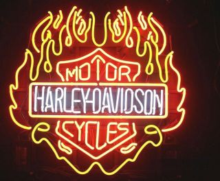 24 " X22 " Rare Harley Davidson Fire Flame Motorcycle Bike Neon Sign Beer Bar Light