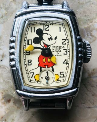 Ingersoll Wind - Up Mickey Mouse Disney Wrist Watch 1938 - 1939 Style Notched Bezel