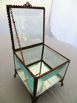 Beveled Glass Copper Ornate Footed 3 1/4 " Trinket Jewelry Box Signed Corning Ny