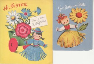 2 Vintage Norcross Yarn Girls Birthday Get Well Htf Card Embossed
