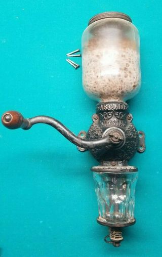 Antique Arcade Crystal Wall Mount Cast Iron Coffee Grinder