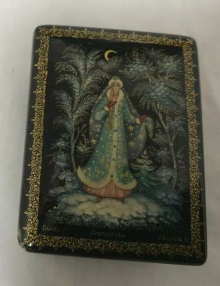 Vintage Hand Painted Russian Lacquer Box Snow Maiden signed 1.  75”X2” 2