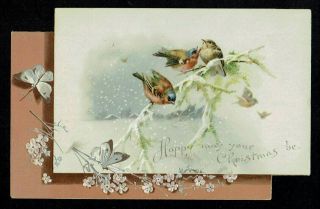 Hagelberg Shaped Victorian Christmas Greetings Card Birds Butterflies Religious