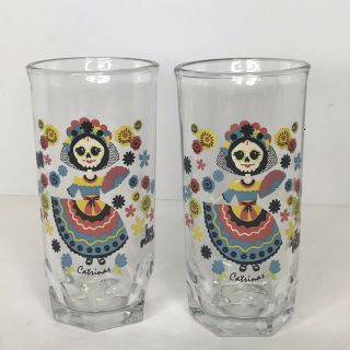 Set Of 2 Dona Maria Mexico Limited Edition Glass Cup Jars Mexican Mole Catrinas