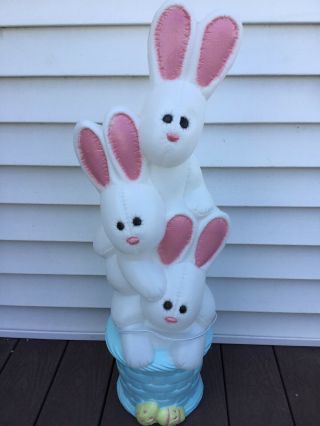 Vintage Stacked Light Up Bunny Bunnies Easter Egg Decoration In Basket Blow Mold