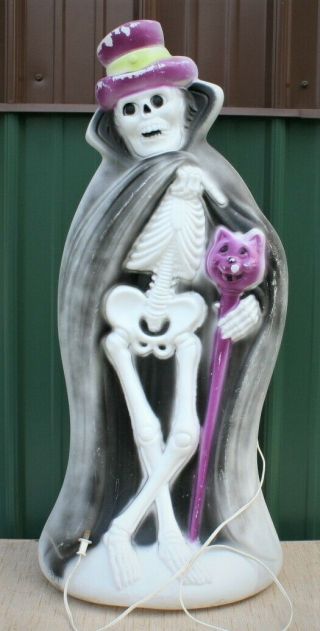 Halloween Skeleton W/ Top Hat Cat & Cape Blow Mold Light Yard Decoration Display