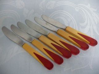 Six Vintage Two Tone Bakelite Fruit Knives,  Butterscotch & Red,  Stainless Blades
