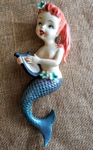Vintage Lefton Hanging Wall Plaque Red Hair Mermaid Figurine With Label On Back
