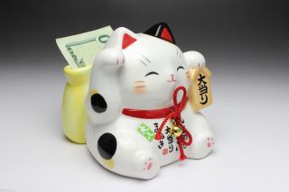 Lucky Beckoning Cat Maneki Neko Ceramic Piggy Bank Lottery Ticket Holder Japan